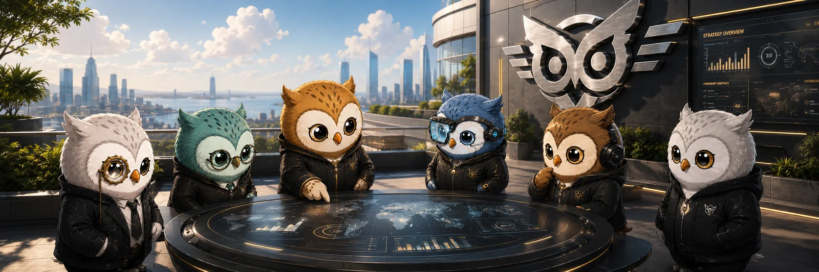 The OwlHood banner - six owls of the hood around a strategy table, the metallic owl mark on the wall behind them